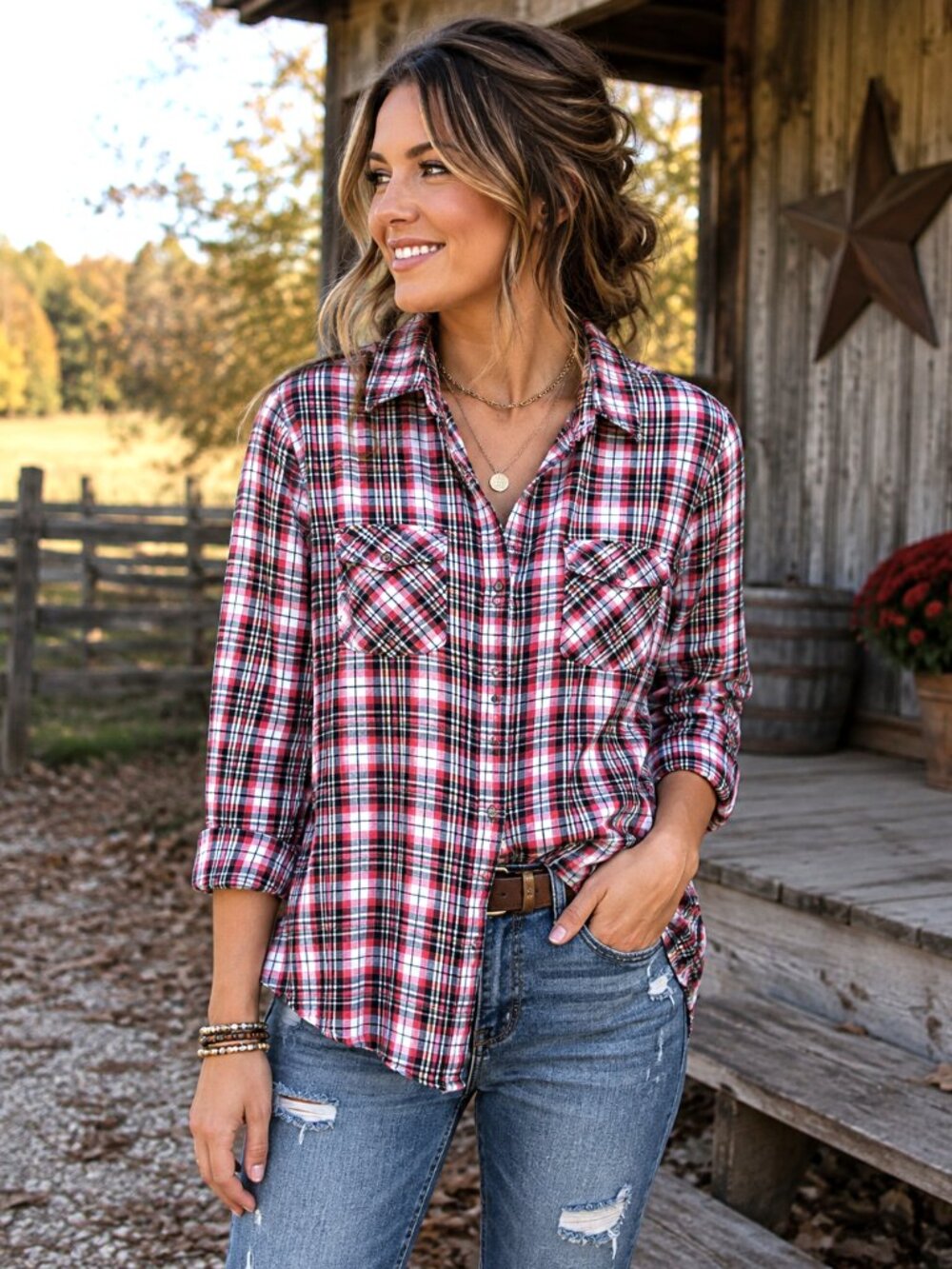 Snap-Down Red Plaid Shirt Lightweight Maurices Red Black White Yellow Size L